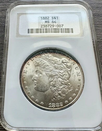 1882年 アメリカ シルバー モルガン ダラー コイン NGC MS64 *リムトーン 表裏