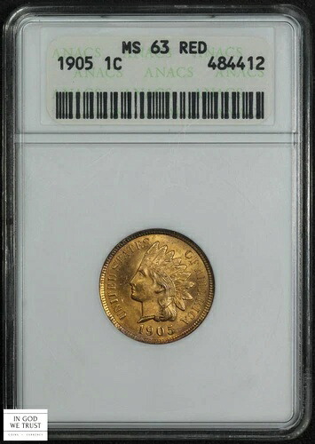 1905年製 インディアンヘッド銅貨 1セント硬貨 オールドソープボックスホルダー ANACS MS 63 RD レッド