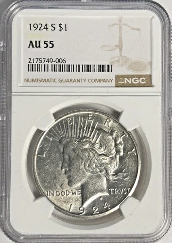 1924 年平和ドル「NGC AU55」 - 高ポイント無傷、キー日付/サンフランシスコ造幣局!
