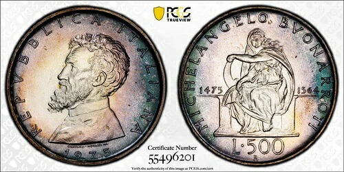 MS67 1975-R イタリア ブナローティ シルバー 500 リラ PCGS トゥルービュー トーン (2 のみ高品質!)