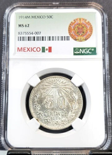1914年 メキシコ シルバー 50センタボ キャップアンドレイズ NGC MS 62 希少 美しい新品同様