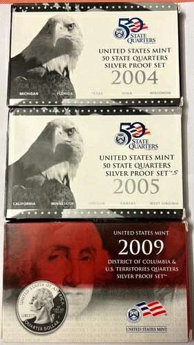 2004年、2005年、2009年米国造幣局発行の州立クォーター銀貨プルーフセット、銀貨16枚、OGP 84,700円