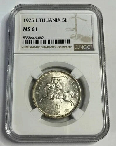 1925年 リトアニア 5リタイ NGC MS61 - 銀貨（未使用） - 光沢あり