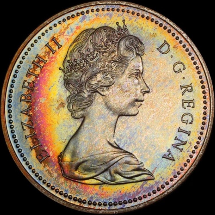 PCGS SP67 1972年 カナダ ボヤージャー シルバー 1ドル、PCGS トゥルービュー レインボートーン