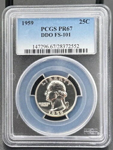 1959年 プルーフ ワシントン シルバー クォーター 25セント DDO FS-101、PCGS PR 67、高品質