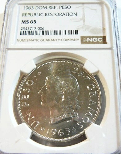 ドミニカ共和国 1963年 銀貨 ペソ 共和国修復 NGC MS 65