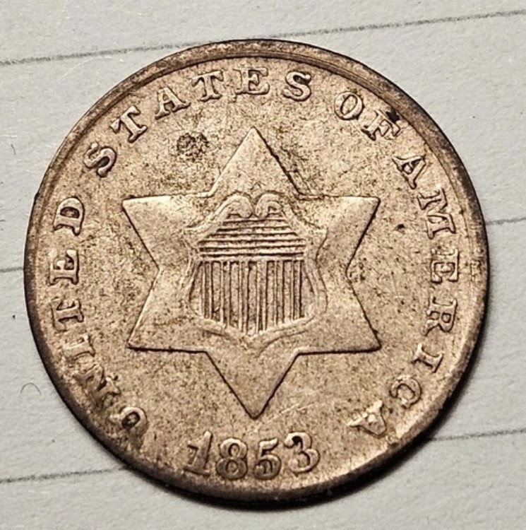 1853年 3セント銀貨、チョイス AU++ DDO ダブルダイ 表面「アメリカ」エラー