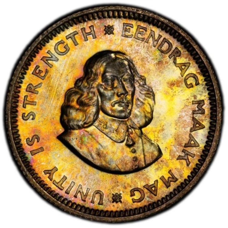 PR68 1961 5C 南アフリカ 5 セント シルバー プルーフ、PCGS - レインボー トーン TOP POP!