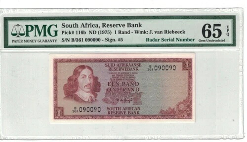 南アフリカ レーダー シリアル番号 090090 1ランド 1975年 ピック番号 116b PMG: 65 EPQ。#PL2555