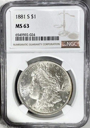BU 1881-S モルガン銀貨 NGC MS63 裏面に美しい虹色のトーン SBM