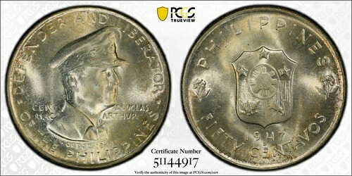1947年 S 50 C フィリピン マッカーサー Km-184 美しい宝石 Pcgs Ms 66
