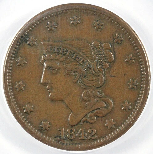1842年 1セント 大型日付編み込みヘア 大型セント ANACS AU 50 細部腐食あり