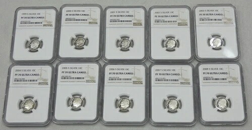 10枚 1999-2008 S USA シルバー プルーフ ルーズベルト ダイム 10C NGC PF 70 ウルトラカメオ