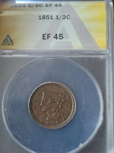 1851年編み込みハーフセント金貨 ANACS XF-45