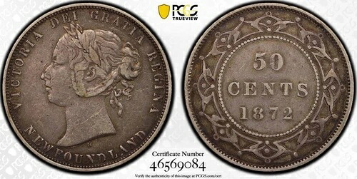 カナダ 50セント 1872-H バーミンガム（ヒートン）ミント ビクトリア KM# 6 PCGS: VF. #C465
