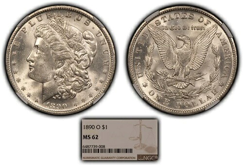 1890-O 1ドルモルガン銀貨 - プレミアムホワイトコイン - NGC MS 62 - SKU-B2824