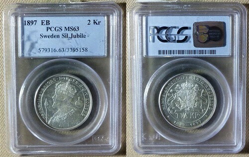 スウェーデン：1897年 EB 2 Kr. シルバージュビリー希少証明書「PCGC」MS63 CT07