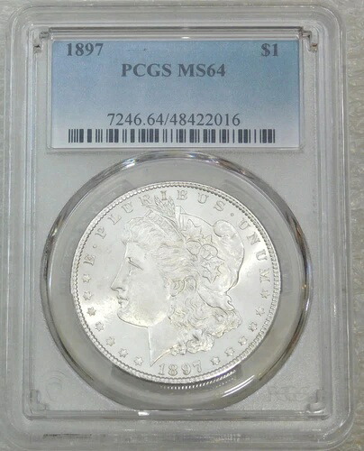 1897年 P モルガン銀貨 PCGS MS64 ブライト＆フロスティ PQ！ #N85C にグレードアップ