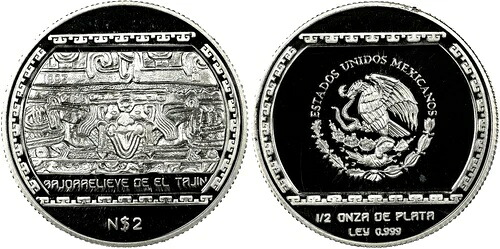 1993年、メキシコ。プルーフ銀貨2ヌエボ・ペソ。3,005枚。鋳造！NGC PF-69 UC！