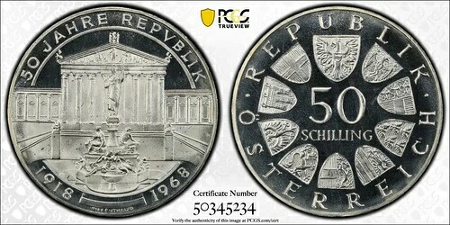 1968年オーストリア銀貨50シリングマット（柱の間） - NGC PF 68 UC