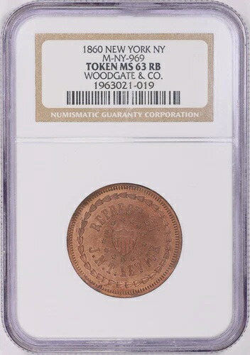 1860年ニューヨーク市ウッドゲート＆カンパニー輸入業者トークンM-NY-969 NGC MS-63 RB