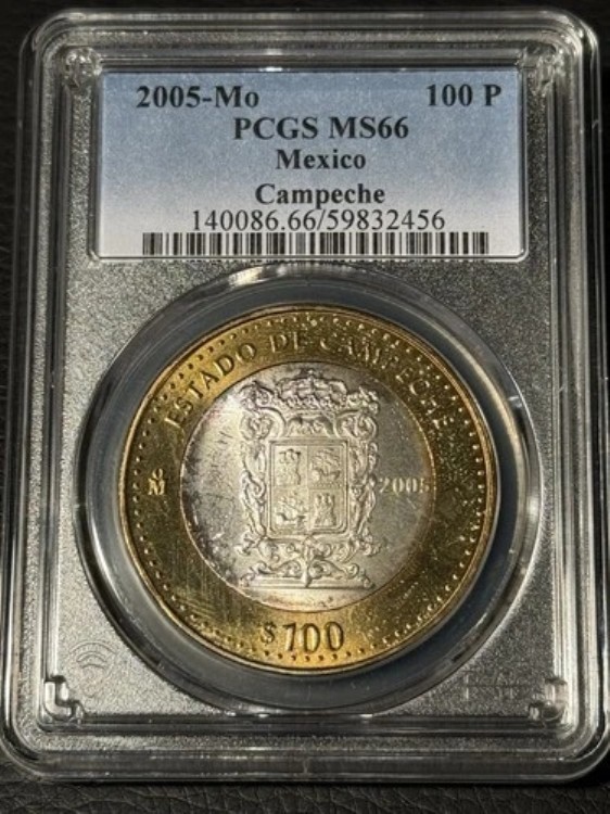 2005 メキシコ 100 ペソ カンペチェ バイメタル PCGS MS66