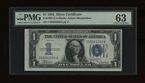 DBR 1934 $1 シルバー ファニーバック Fr. 1606 CA ブロック PMG 63 シリアル C08663280A|WORLD RESOURCE【KING店】