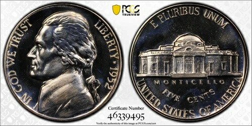 1952年 5セント プルーフ ジェファーソン ニッケル PCGS PR 67 - 再彫刻された表面デザイン