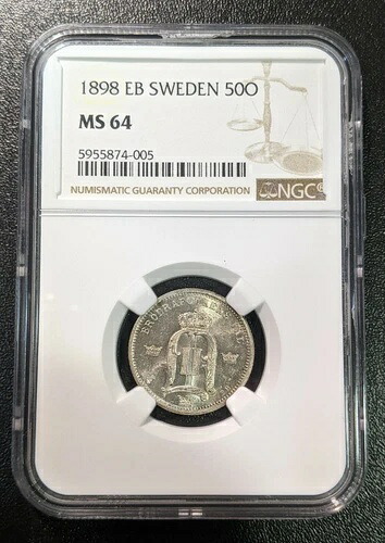 1898 EB MS64 スウェーデン シルバー 50 鉱石 KM 740 わずか 2 枚の高グレード NGC 希少コイン!