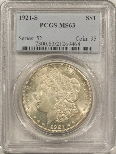 1921-S 1 ドル モーガン ドル - PCGS MS-63、新鮮で厳選された品!