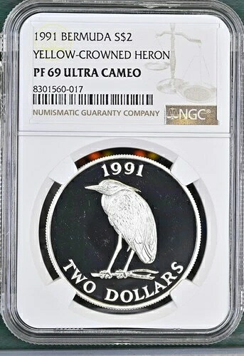 1991年 バミューダ シルバー S$2ドル キバシリサギ NGC PF 69 ウルトラカメオ