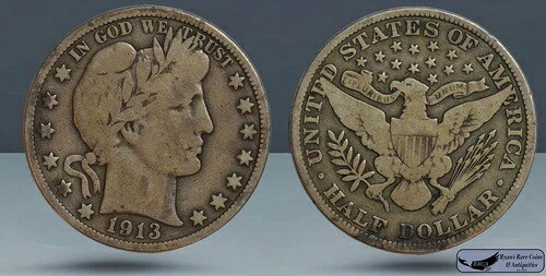 1913年バーバーハーフダラー、非常に良好な状態、銀貨、タフナー日付、C8205