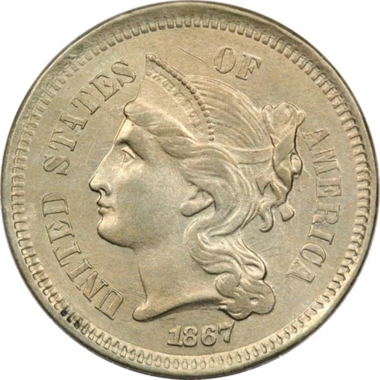 1867年 3セントニッケル 3CN、ブリリアントアンサーキュレート BU