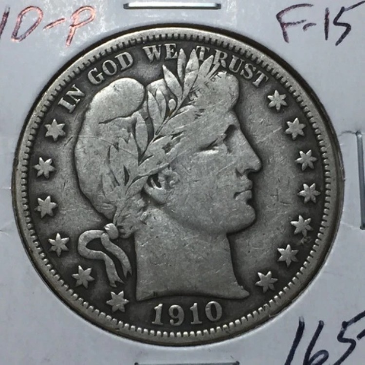 1910-p Fine-VF Barber Half Dollar すべての文字が見えるが、一部弱い箇所がある # 84,700円