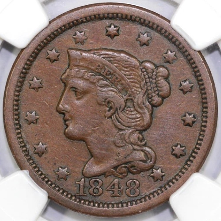 1848年 1セント N-5 編み込みヘア ラージセント NGC VF 35