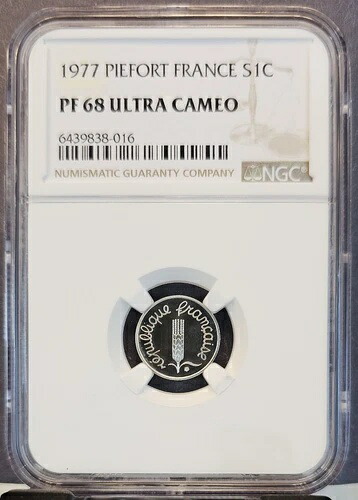 1977年 フランス 銀貨 1サンチーム ピエフォール NGC PF 68 ウルトラカメオ レア トップポップ
