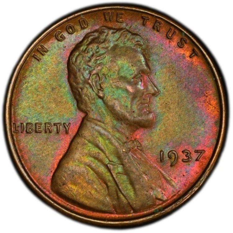 MS65BN 1937 1C リンカーン・ウィート・セント、PCGS トゥルービュー - 美しい赤緑色のトーン 84,700円