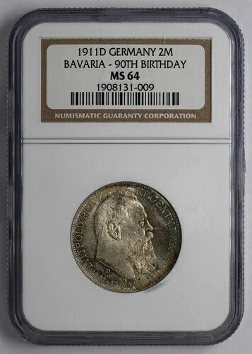 1911年 D ドイツ シルバー 2 マーク・バイエルン 90歳の誕生日 NGC MS 64