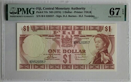 1974年 フィジー 1ドル 中央通貨庁 ピック番号 71b PMG 67
