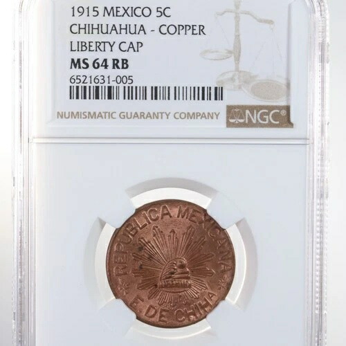 1915年メキシコ5セントチワワ - 銅製リバティキャップ NGC認定 MS 64 RB 84,700円