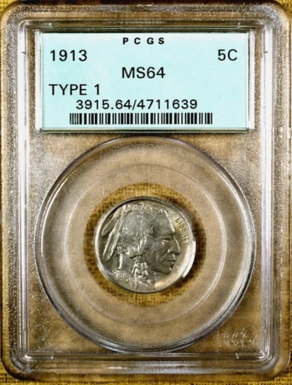 1913年 タイプ1 PCGS MS64 バッファローニッケル - オールドグリーンホルダー