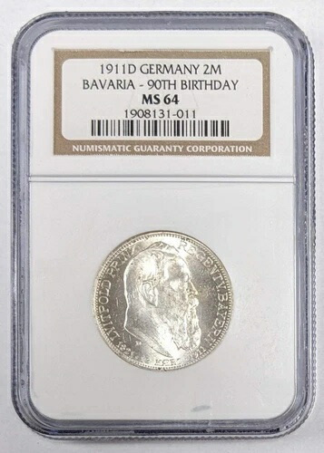 1911 D ドイツ 2 マーク・ババリア 90歳の誕生日 NGC MS 64