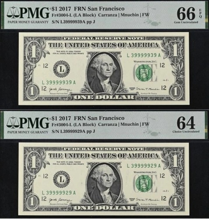2017 $1 FRN PMG 64/66EPQ - ファンシー連続シリアルナンバー 39999929 39999939