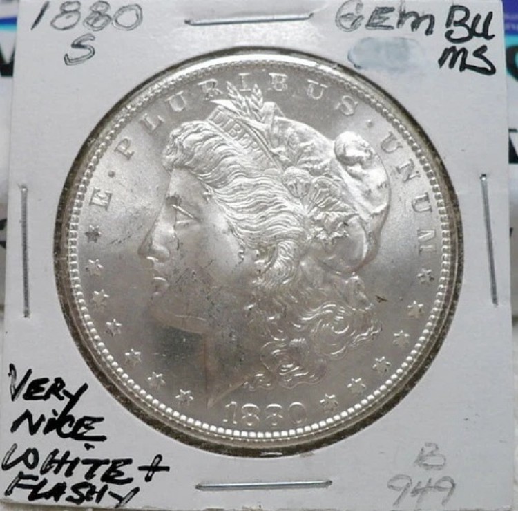 1880-S モーガン銀貨、ジェム BU/MS、NICE+、WHITE+、SHARP STRIKE、B949