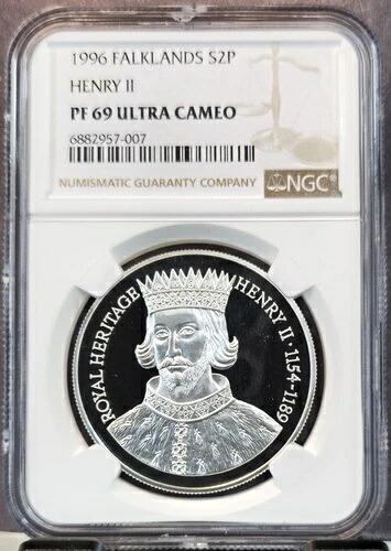 1996年 フォークランド諸島 銀貨 2ポンド ヘンリー2世 NGC PF 69 ウルトラカメオ トップポップ 1
