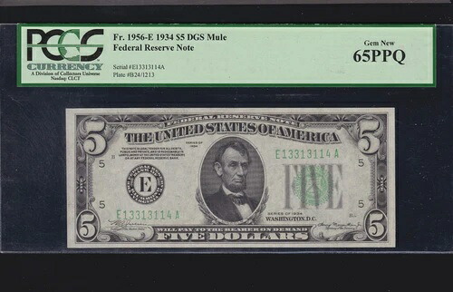 US 1934 $5 FRN リッチモンド DGS ミュール FR 1956-E PCGS 65 PPQ GEM CU (114)
