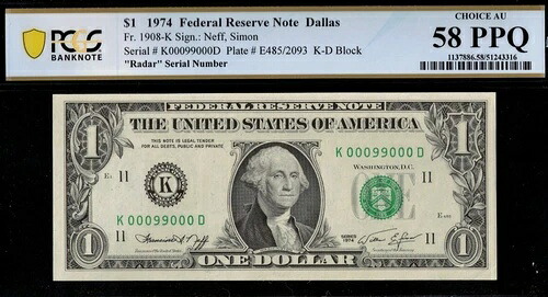 1974年 $1 FRN K00099000D P.C.G.S #58PPQ