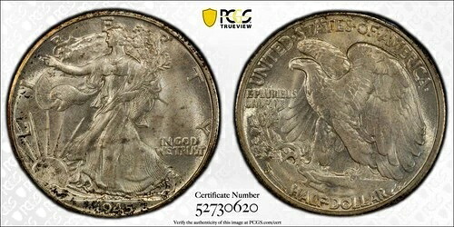 1945年 D ウォーキング・リバティ ハーフダラー PCGS MS-65