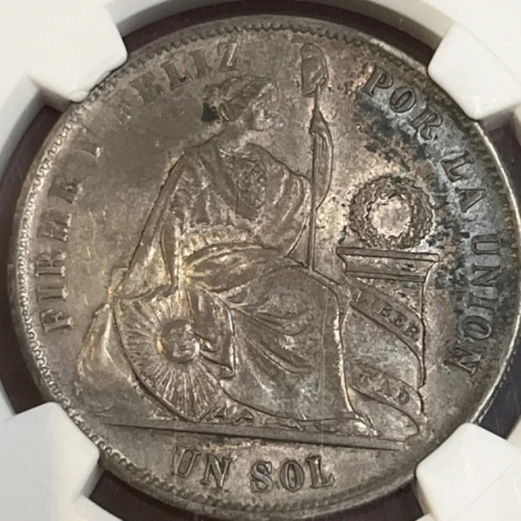 ペルー シルバー 1874 YJ ソル NGC AU 58 トーン