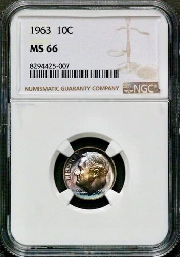 1963年 10セント ルーズベルト ダイム - NGC MS 66 - 虹彩ブルーベリープラムトーン CC418
